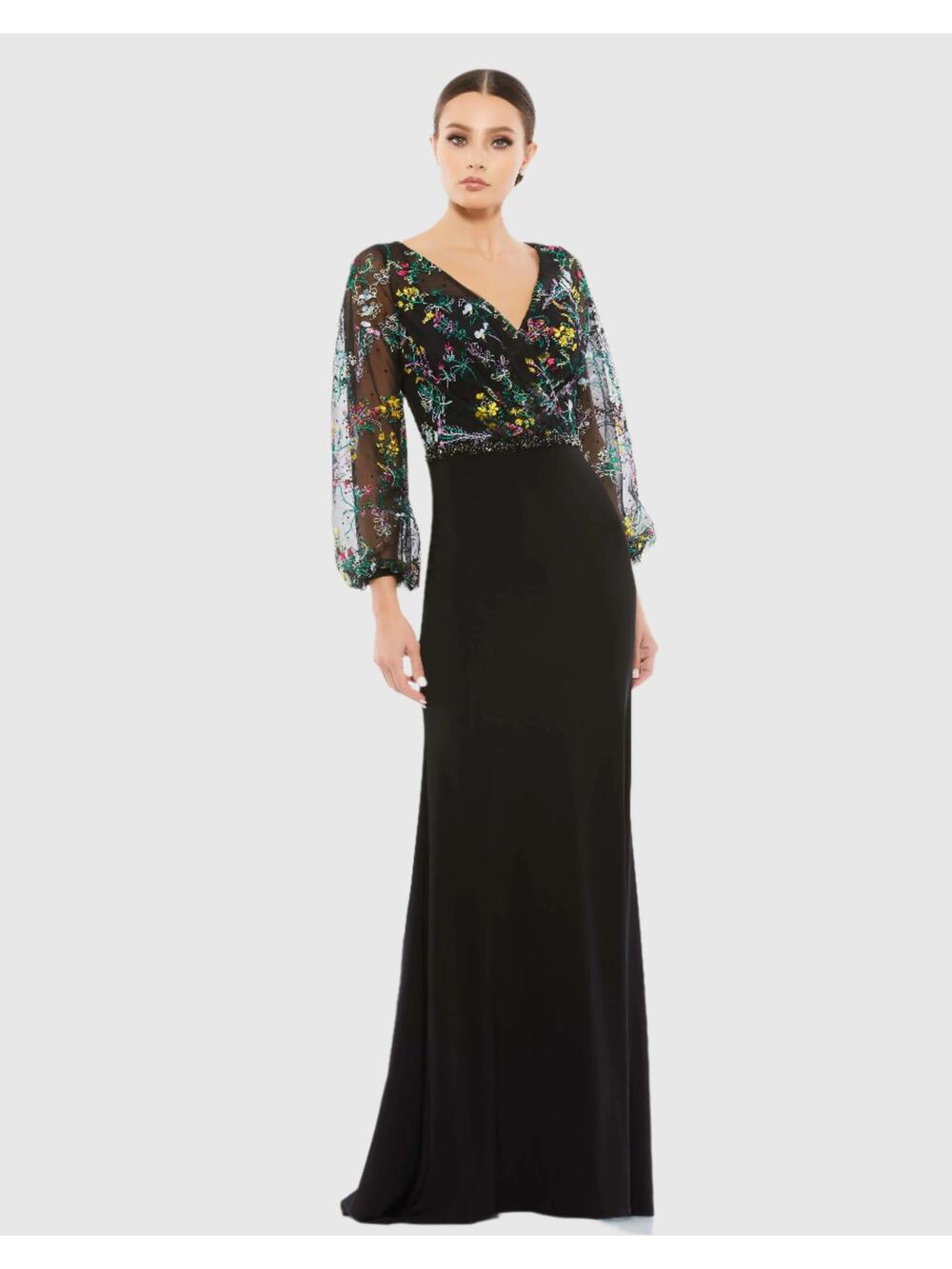 Mac Duggal Black Floral Embroidered 
 Long Puff Sleeve Gown Size 4